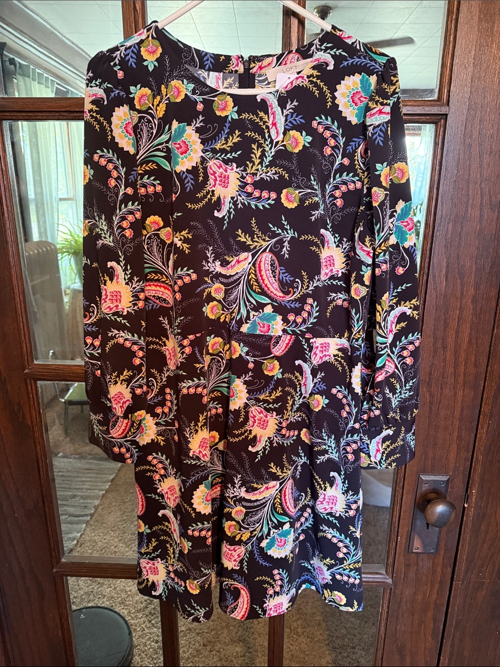 LOFT Black Long-Sleeve Dress with Bright Paisley Floral Print